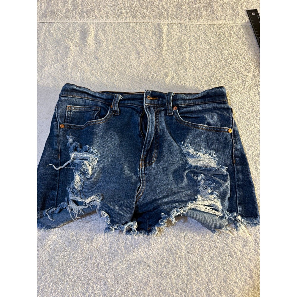 Kendall + Kylie Icon Women Blue Denim Mid Rise Cut Off Shorts W28 2" Inseam